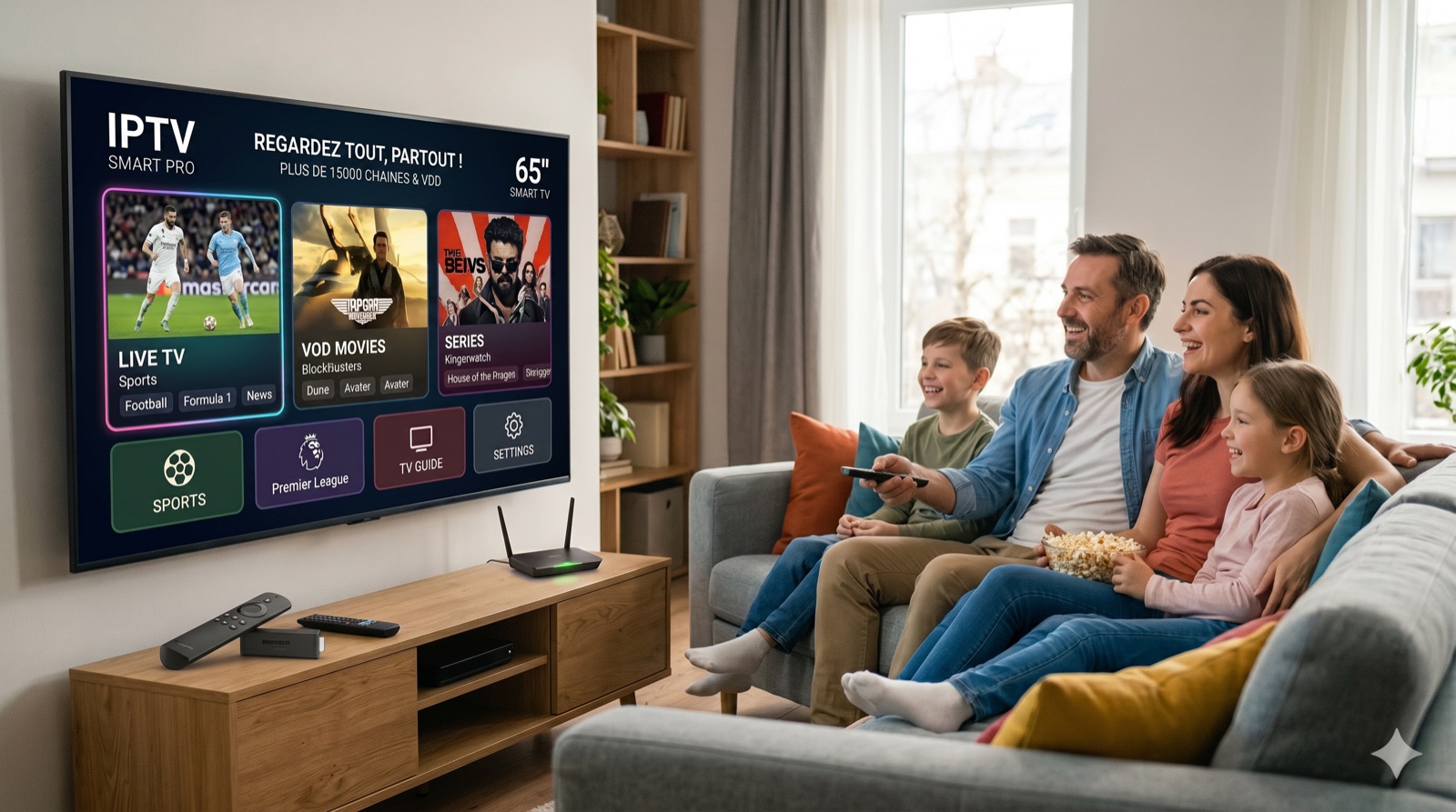 Familie schaut IPTV in 4K auf dem Smart TV